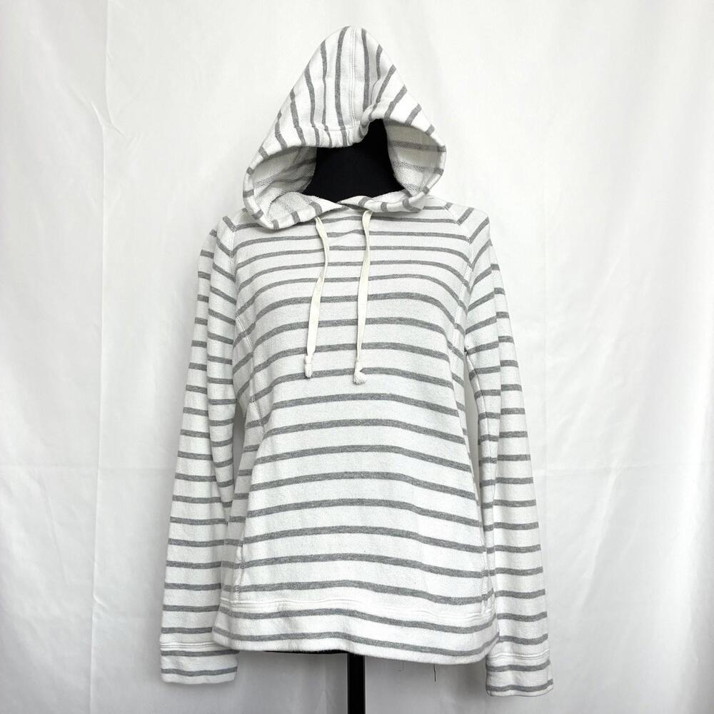 J.Crew XS Gray White Striped Cotton Hoodie Pullover Sweatshirt Pocket Casual